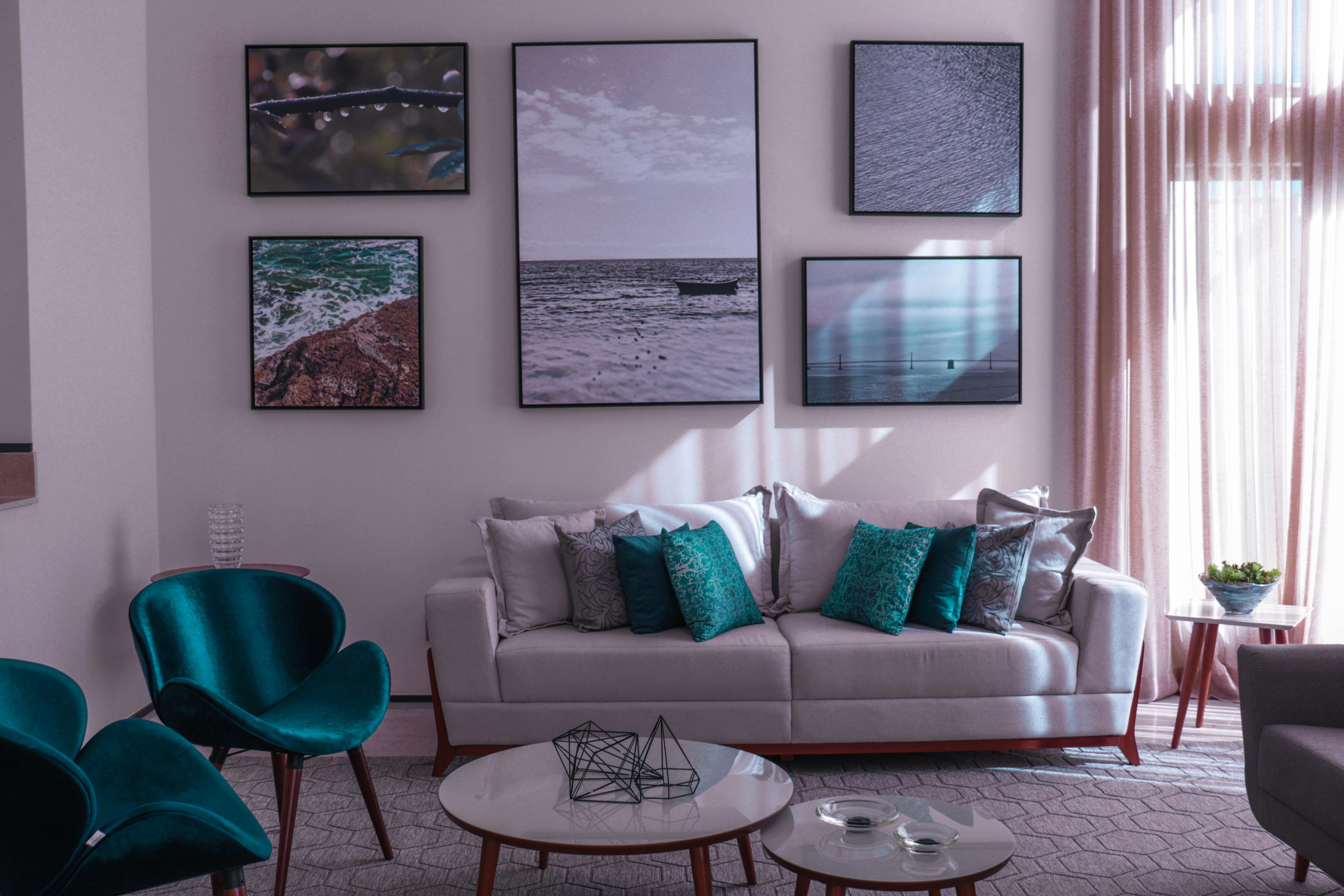 Contemporary living room with teal accents